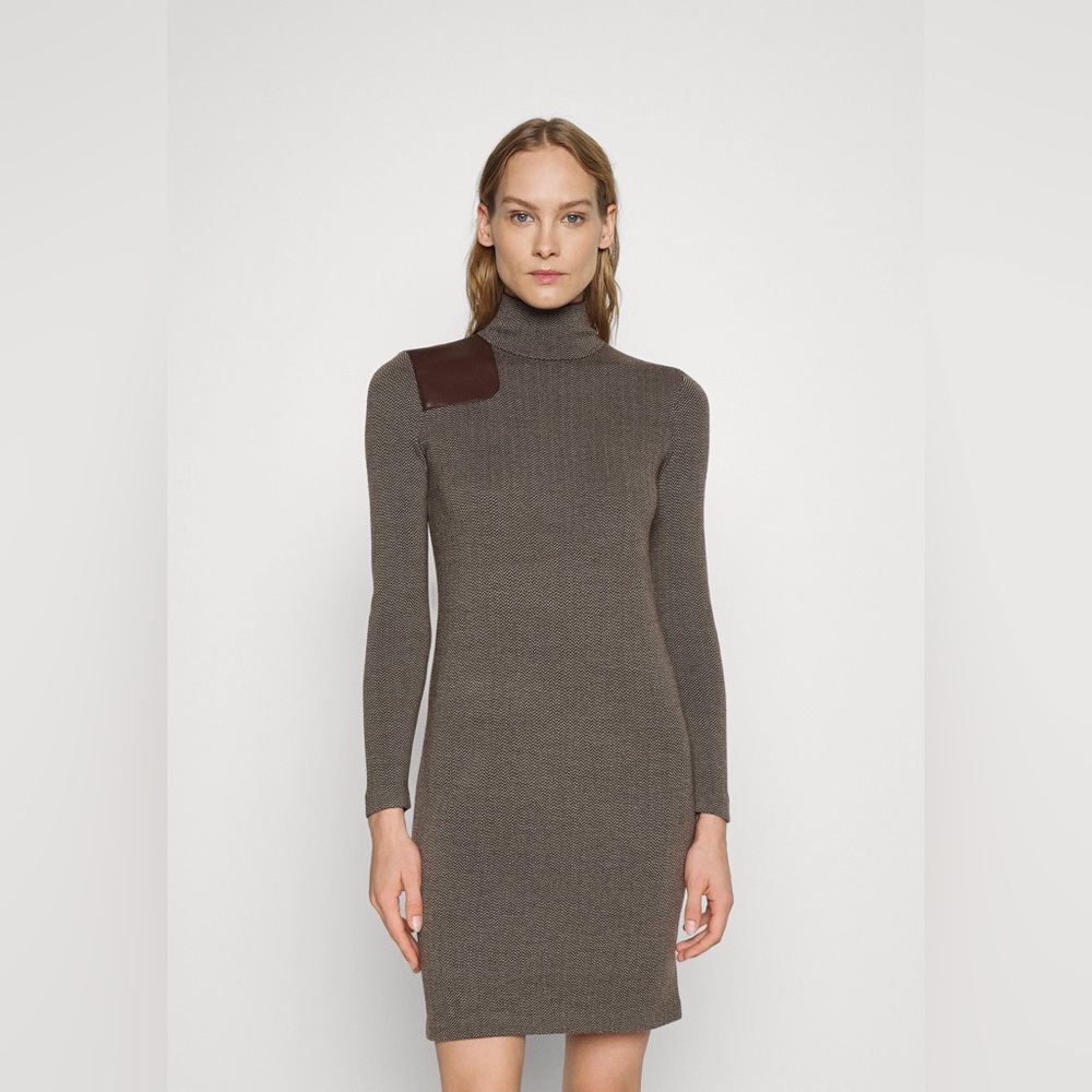 Lauren Ralph Lauren Faux-Leather-Trim Brown Merino Wool Sweater Dress Women's L